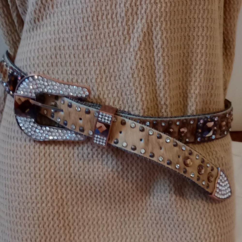 Nocona Brown Fur Belt with Rhinestone Accents - Picture 7 of 11